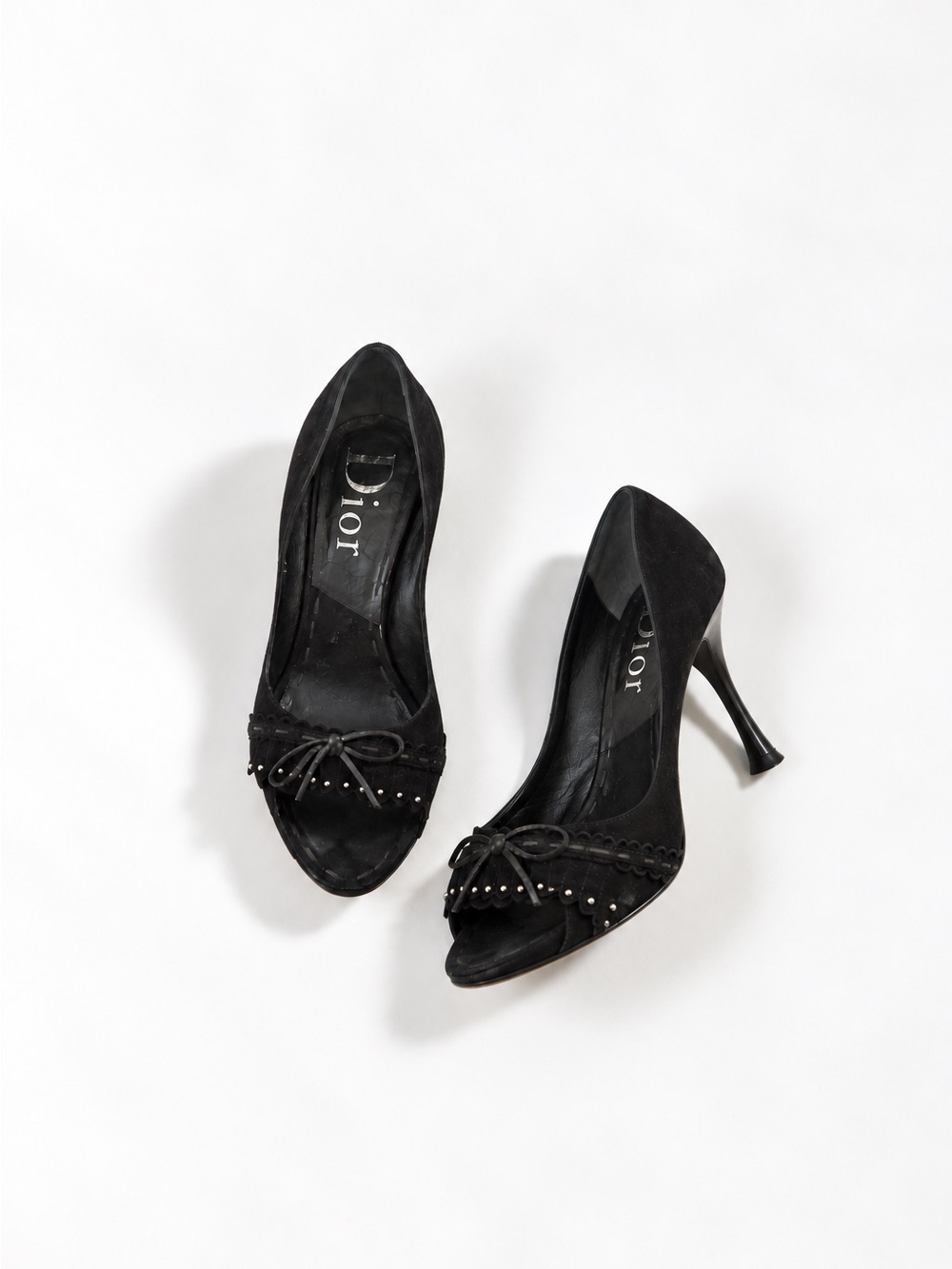 Dior Black Suede Peep-Toe Pumps with Bow and Studs
